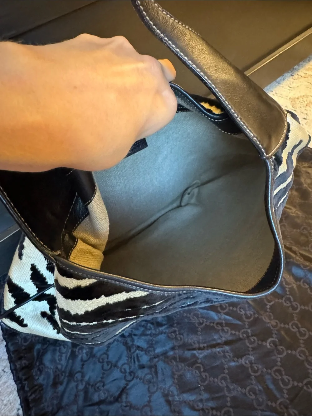 Gucci Black & White Zebra-Print Jackie Shoulder Hobo with Gold Hardware